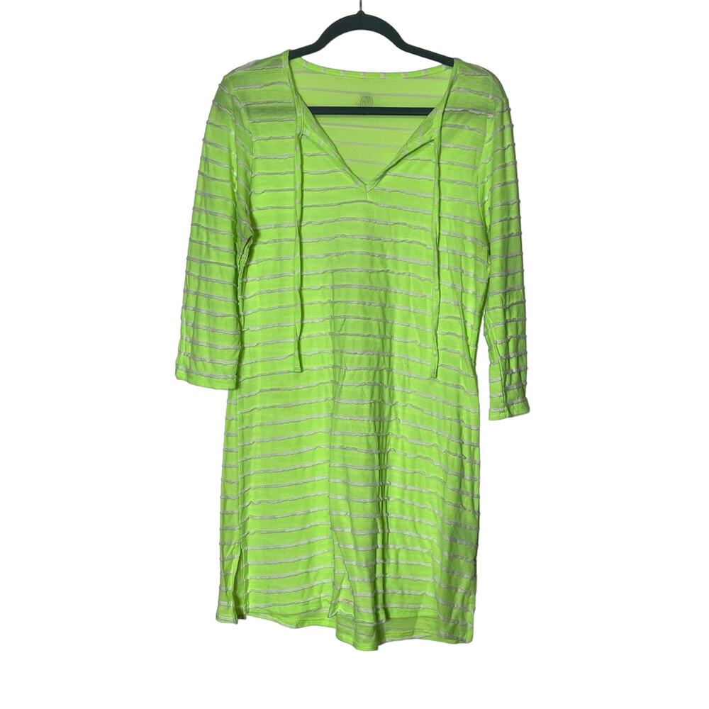 Balance Collection Marika Tunic Top Lime Green White Striped Tie Neck 3/4 Sleeve